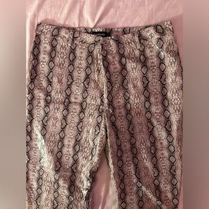 Grey Faux Leather Snake Print Cropped Straight Leg Trousers